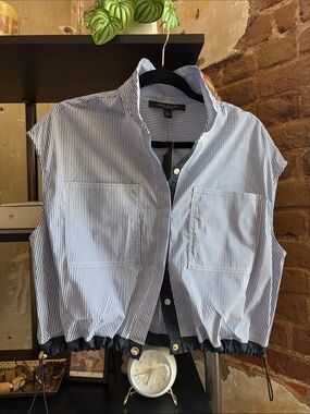 Sleeveless Blue & White Striped Drawcord Blouse